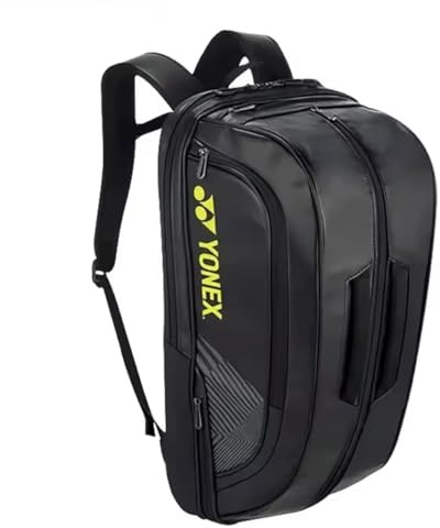 YONEX BA02312EX Expert Badminton/Tennis/Squash Leder Tasche Rucksack 3 Schläger Kapazität mit Schuhfach (Schwarz/Gelb)