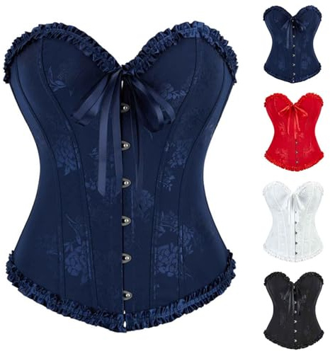 Women's Victorian Corset Top Ladies Floral Jacquard Overbust Basque Bustiers Ruffle Waist Trainer Lace up Boned Bustier Top Chest Support Waist Cincher Push Up Body Shaper Renaissance Shapewear
