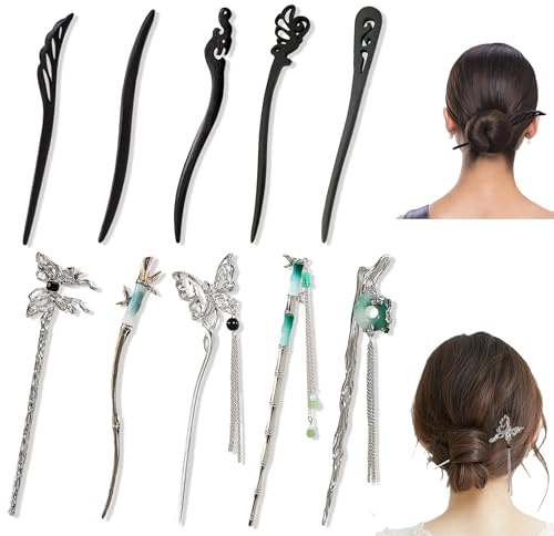 Piacolnic Chinese Hair Stick, 10 Pcs Vintage Hair Chopsticks, Vintage Butterfly Dangle Tassel Hair Stick Wooden Hair Sticks Chinese Hanfu Hair Pin for Women Traditional Accessories