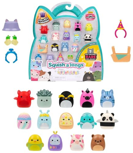 Squish-a-longs SQAL0267-14er Pack, enthält 14x 2,5 cm Mini-Squish mit 4X Accessoires, 1x Ring und 1x Collectors Guide (Serie 5, Style 1) - Sammeln, Tauschen, Spielen