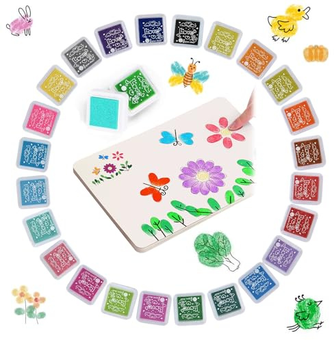24 Farben Stempelkissen Fingerabdruck mit 16 Bildkarten, Ungiftiges Mini Stempelkissen, Fingerfarben Kinder Ungiftig, Fingerabdruck Set,Perfekt für Kartendekoration, Gummistempel und DIY-Scrapbooking
