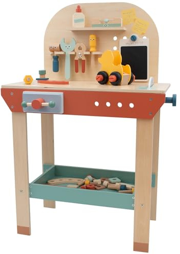 LAUNCH PRICE - Limited Time OFFER - Jumini Wooden Workbench for Kids 3-7 Years | FSC Certified Tool Bench with Real Working Vice, Chalkboard & 10 Tools | Montessori Pretend Play Construction Toy