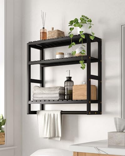 Bamworld Badezimmer Regal Bambus Regal 3-etagiges verstellbares Badregal über der Toilette mit Handtuchstange, platzsparendes WC-Regal, Badezimmermöbel, Bathroom Shelf Schwarz