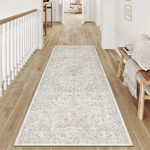PureCozy Vintage Waschbarer Läufer Flur Beige Teppich 60x180cm | Rutschfest Kurzflor,Weich Cream Teppiche, Küchen ,Hallway,Wohnzimmer,Schlafzimmer,Bettvorleger,Büro,Retroteppiche