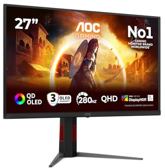 AOC Monitor Q27G4ZD 27 pollici, 2560x1440, WQHD, 280Hz, QD-OLED Panel, 0.03ms GtG, USB Hub Height Adjustment, (HDMI2x 2.1 DP 1x 1.4) Adaptive Sync, HDR400 TrueBlack, G-Sync Compatible, Nero