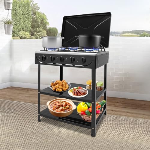 WFIETN Réchaud à gaz à 5 feux, autoportant, portable, rectangulaire, avec support antidérapant pour les activités de plein air (noir)