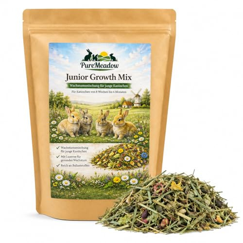 PureMeadow Junior Growth Mix 1 kg - Mangime per conigli per animali giovani con erba medica, strutturale e ricco di fibre, 8 settimane - 6 mesi