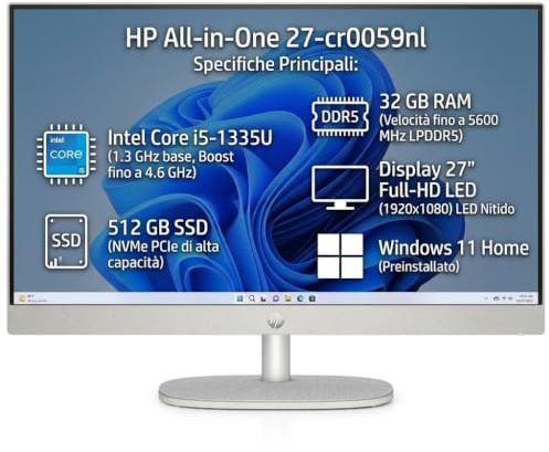 HP All-in-One 27-cr0059nl, Intel Core i5-1335U, 16GB RAM, 512GB SSD, 27 IPS Full HD, Windows 11 Home (Ricondizionato)