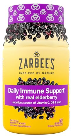 Zarbee’s Elderberry Gummies Daily Immune Support Supplement with Vitamins A C D E & Zinc, Black Elderberry Extract, Natural Berry Flavor, Vegetarian, Gelatin-Free, 60 ct