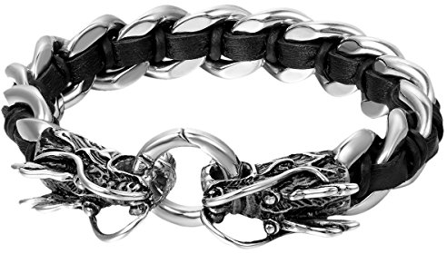 OIDEA Herren Armband, Punk Rock Doppelt Drachen Kopf Edelstahl Panzerkette mit geflochtenes echtes Lederband Armkette Armreif Armschmuck Handgelenk, silber schwarz