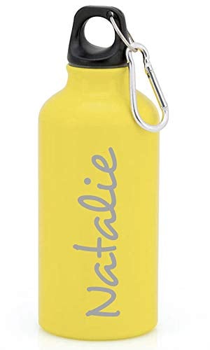 eBuyGB Personalised Any Name Lightweight Reusable Custom Engraved 400ml Aluminium Sports Water Bottle with Screw Cap & Carabiner (Yellow - Stylish)