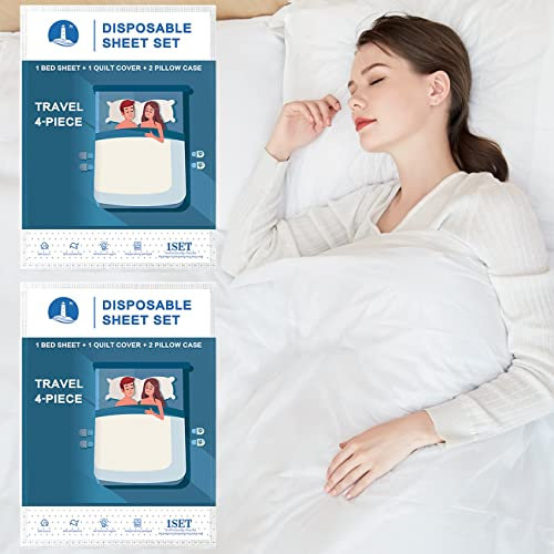 Yutianli Zwei Sets Einweg-Bettlaken, Bettdeckenbezug und Kissenbezug-Set für Hotels und Reisen. Tragbares, sofort einsatzbereites Bettwäscheset (4-teiliges Set für Doppelbett für Reisen) – 2 Sets.