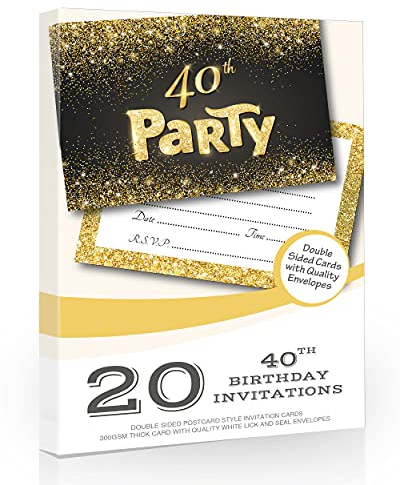 Olivia Samuel Geburtstagsparty-Einladungen zum 40. Geburtstag, Schwarz und Gold, zum Beschriften, mit Umschlägen, 20 Stück