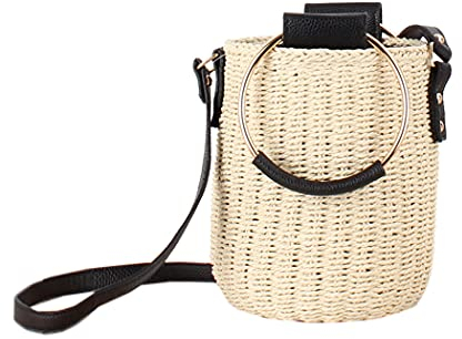 H.S.G.K Runde einfache Strohtasche Strand gewebte Eimer Tasche klein, 19*20cm