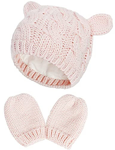 Baby Winter Mütze Handschuhe Set – Warme gestrickte Mütze und Handschuhe für 3-6 Monate alte Mädchen und Jungen (Rosa)