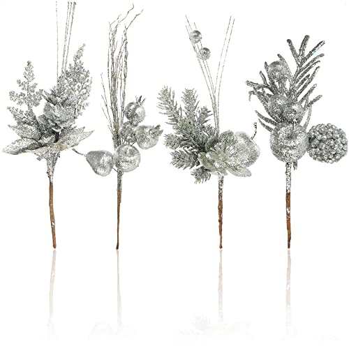 com-four® 4X Deko-Gesteck, dekorative Zweige als tolle Weihnachtsdekoration, schöner Raumschmuck, verschönert Geschenke auch für Kränze und Blumenarrangements DIY (silberfarben - mittel)