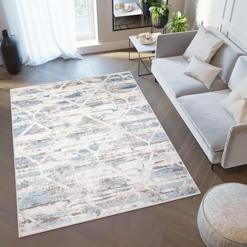 TAPISO Valley Teppich Kurzflor Grau Beige Blau Sechseck 200 x 300 cm | Geometrisches Muster Modern Abstrakt Schlafzimmer Wohnzimmer OEKO-TEX