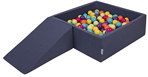 KiddyMoon Area di Gioco in Schiuma con Quadrato Piscina di Palline (200 Palline) per Bambini, Blu Scuro:Verdch/Gialo/Turche/Arancion/Rosasc/Viol