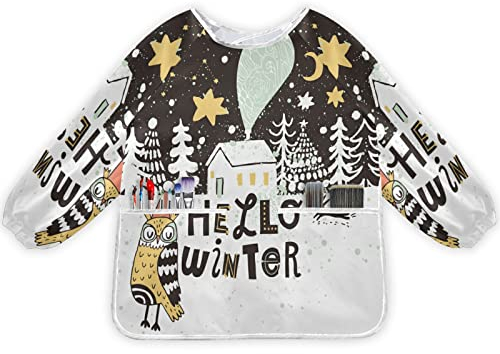 KAAVIYO Winter Schnee Baumhaus Vogel Baby Lätzchen Wasserdichte Langarm Kunst Handwerk Malerei Schürze Malkittel für Kinder im Alter von 1-6 Jahre