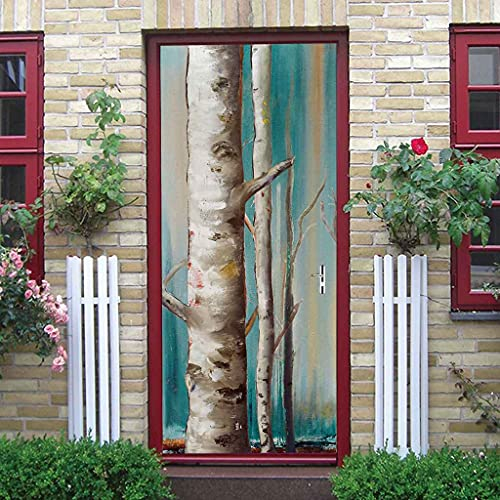 MUCXBE 3D Türaufkleber Türtapete Selbstklebend Ölgemälde Birkenwald Türposter Tapete 77x200cm wasserdichte Fototapete Abnehmbare Tapete Vinyl Tür Aufkleber Innentür Schlafzimmer Badezimmer