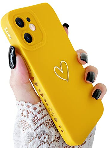 SmoBea Compatible with iPhone 12 Mini Case, Cute Gold Heart Pattern Phone Case for Women Girls With Side Small Love Pattern Silicone Protective Shockproof Phone Case (Yellow)