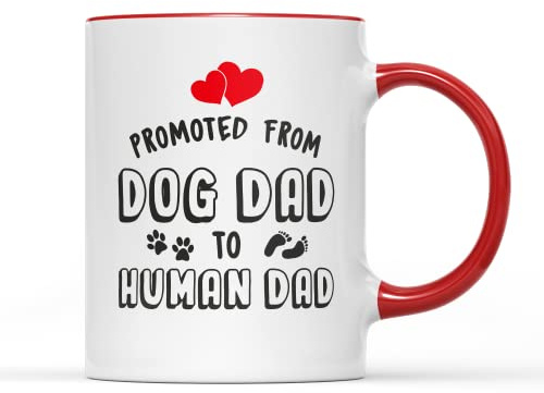 SmartyPants Promoted from Dog Dad to Human Dad Mug Tea Coffee Cup - Novelty Pun Slogan Father's Day Ceramic New Daddy Baby Present Gift Celebration Father Cute (Red Handle Prime)
