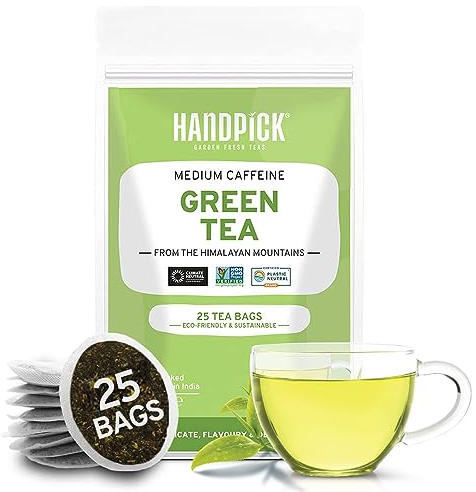 HANDPICK, Thé Vert 100% Pur de l'Himalaya (25 Sachets) | Éco-Responsable, Infusion Chaude ou Glacée