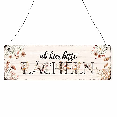 Interluxe Schild Holzschild - Ab hier bitte lächeln - Herbstzauber 22 Dekoschild Türschild mit Spruch Blumen Landhaus