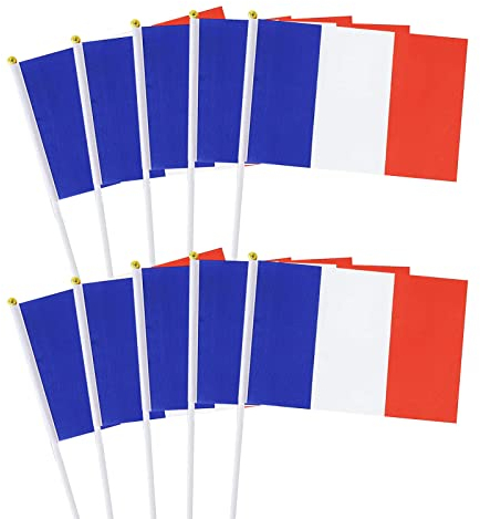 10 Stück Handgehaltene Klein Flagge für Fußball 2022 WM, Französische Flagge 14 * 21cm Hausgarten Party Bar
