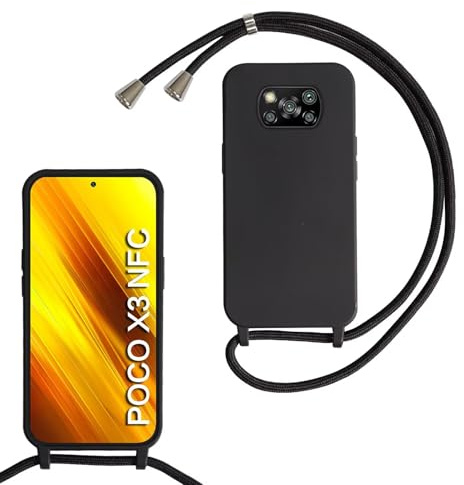 MBSLFY Silikon Handykette für Xiaomi Poco X3 NFC/Poco X3/Poco X3 Pro Hülle mit Band,Silikon Necklace Handyhülle mit Abnehmbar Kordel zum Umhängen Stossfest Bumper Handy Schutzhülle Case, Schwarz