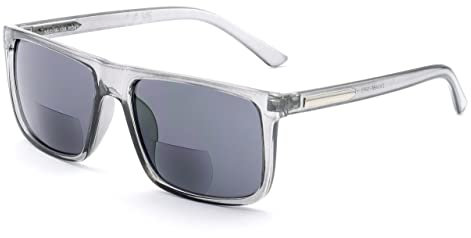 ZAVISH Bifocal Reading Sunglasses Sun Readers Tinted Glasses Mens Classic Square Designer Translucent Grey Frame UV400 Grey Lens & Case +2.50