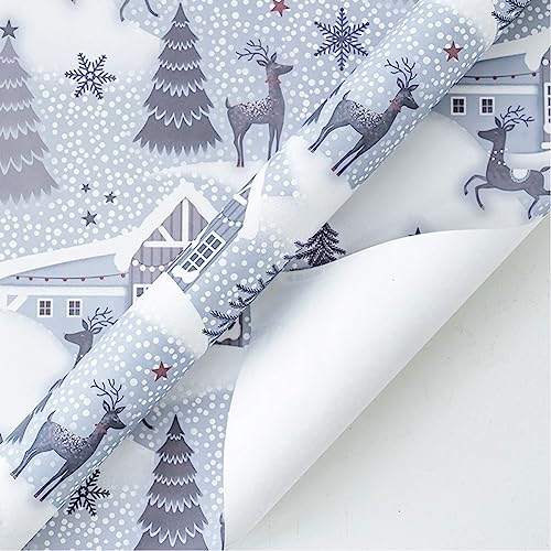 Weihnachts-Geschenkpapier, 4 Blatt weiße Schneeszenen, Geschenkpapier für Weihnachtsfeier, Hirsch-Weihnachtsbaum-Schneeflocken-Geschenkpapier für Familie, Freunde, Kinder, Weihnachtsferien