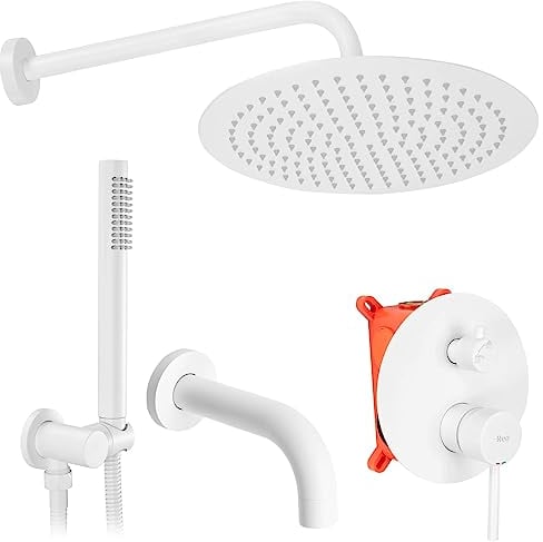 Rea Lungo Bianco Set Doccia-Vasca DA INCASSO + Box Doccia in Ottone per Bagno (Bianco)