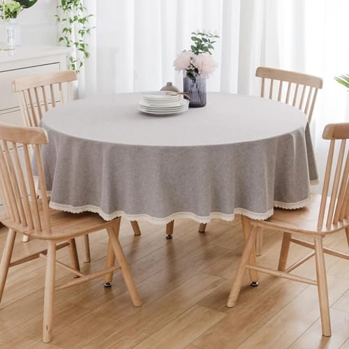 BHOMTY Runde Tischdecke aus Baumwollleinen, geeignet für Esstische, Kaffeetische, maschinenwaschbar, Hellgrau, Durchmesser 280 cm