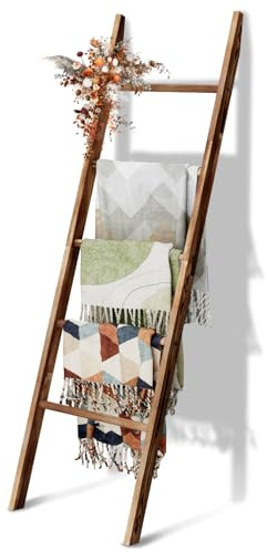 5-Tier Blanket Ladder Wooden, 5.3FT(63'') Blanket Quilt Holder Rack Decorative Ladders, Easy Assembly, Rustic Farmhouse Ladder Shelf for The Living Room Bedroom Bathroom Home Decor, Brown
