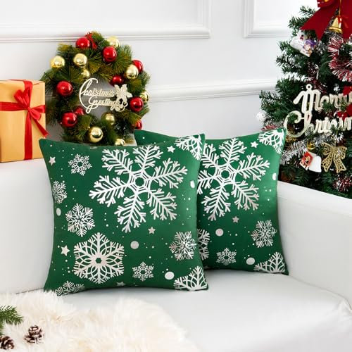 Chicamy Kissenbezug 40x40 Grün Weihnachten Kissenbezug Samt Kissenhülle Weihnachtsmotiv Schneeflocke Weihnachtsdeko Kissen Kissenbezüge für Sofa Auto Wohnzimmer Winter Zuhause Dekoration, 2er Set