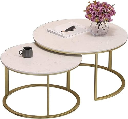 Table Basse, Table d'appoint en Fer forgé, Petite Table Ronde de Salon, Table gigogne Simple, Table d'appoint en marbre, Combinaison de ménage 25 x 15 pouces/31 x 17 Pouces (Couleur : Blanc)