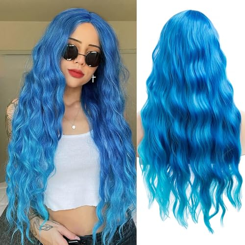 Beweig Frauen lange lockiges Haar wellige blaue Perücke Cosplay Kostüm Halloween Synthetische mittlere Split Ersatz