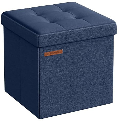 SONGMICS Storage Ottoman, Foldable Small Ottoman Foot Rest, 30 x 30 cm Foot Stool, Ottoman with Storage, Load up to 130 kg, for Living Room, Bedroom, Dorm, Midnight Blue LSF028Q52