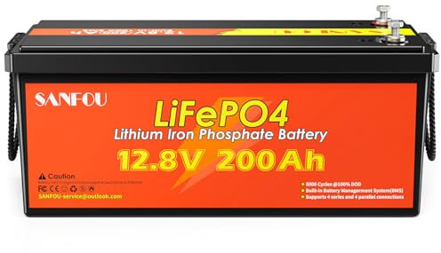 SANFOU Batteria LiFePO4 12V 200Ah, Batteria al Litio 2560Wh con 100A BMS, 5000-15000 volte Batteria a Ciclo Profondo, Supporta 4S4P, Perfetta come fonte di alimentazione per camper