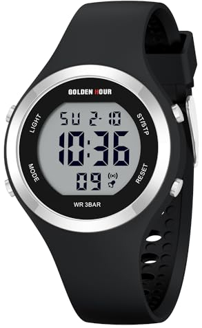 GOLDEN HOUR Montre de sport étanche pour femme avec chronographe numérique et bracelet en silicone, noir/argenté