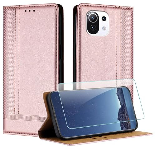 JayModCase Funda para Xiaomi mi 11T Lite con Protector Pantalla, Flip Leather Ranura Tarjeta Magnético Wallet Carcasa con Cierre magnético Soporte Plegable para Xiaomi 11T Lite - Oro Rosa