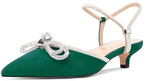 Aachcol Womens Close Toe Rhinestone Bow Kitten Heels Pointed Toe Low Heel Bow Pumps Court Shoe Adjustable Ankle Strap Bridal Wedding Dress Shoes Emerald Green 3.5 UK