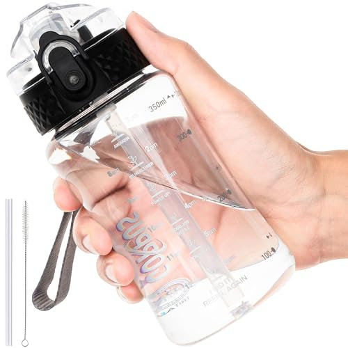 GOPPUS 350ml/12oz Kids Water Bottle With Straw Tritan Drinks Bottle with Strap Small Toddler Juice Bottles with Flip Top Lid Leakproof Children's Bottles with Time Marking Spillproof BPA free Girl Boy
