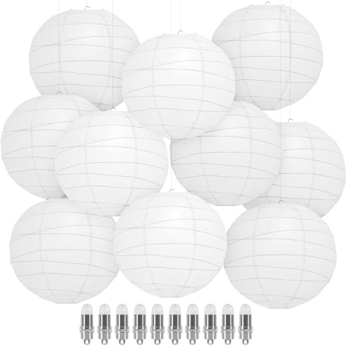 Encham Weiß Papierlaterne Lampions mit 10 Stück Warmweiß Ballonlichter Hochzeitsdeko Lampenschirm für Hochzeit Party Geburtstage Dekoration 25CM