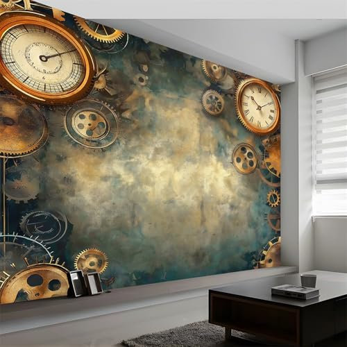 Wandtapete Retro Punk Stil Zahnrad Uhr Fototapete, Vintage-Stil Vliestapete Bild Dekoration Wand-Dekor, 500 x 280 cm (B x H) Tapete Panorama Poster für Mädchen, Jungs Schlafzimmer Wohnzimmer