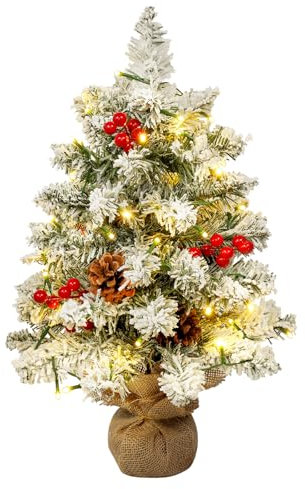 Uten Mini Albero di Natale, 55 cm Alberi di Natale Floccaggio con 40 Lucine LED, 4 Gruppi Bacche Rosse, 5 Pigne, per Ufficio, Soggiorno, Davanzale Decorazione Natalizia