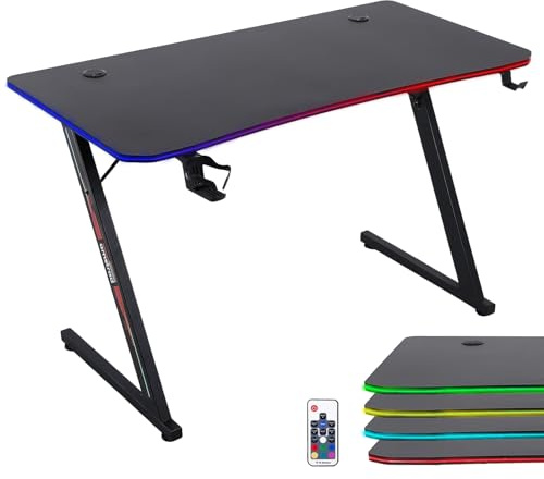 Amstrad AMS-DESK120Z-LED-AURA Bureau Informatique Gamer avec retroéclairage LED Fibre Optique - 1m20 - Finition Carbone