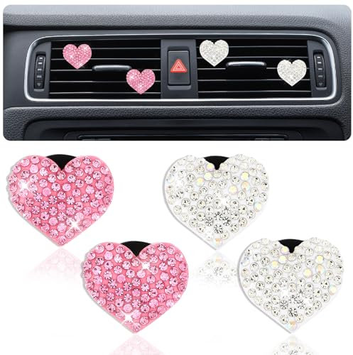 Ouligay 4 Stück Auto Lufterfrischer Clip, Auto Deko Innenraum Clip Aromatherapie Glitzer Strass Car Air Freshener Clips, Liebe Herzform Dekoration für Mädchen Frauen (Rosa, Weiß)