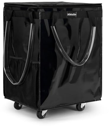 (Large, Black) Reusable Grocery Bag on 5 Wheels, Foldable Rolling Tote Carries Up to 76lb Shopping Trolley, Rolling Bag with 3 Handles, Zipper Clouser Rolling Tote Bag with Wheels for Laundry